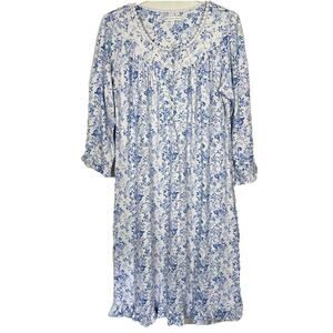 Eileen West Nightgown Sz Large Blue Floral Flannel Victorian Cottagecore Prairie